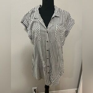 Jachs Girlfriend Bluish Grey Striped  Short Sleeve Blouse, Size L